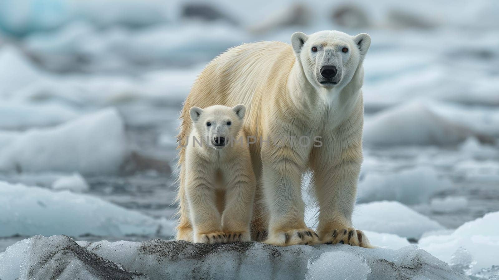 Two polar bears mother and cub walk on an ice floe in Arctic waters.