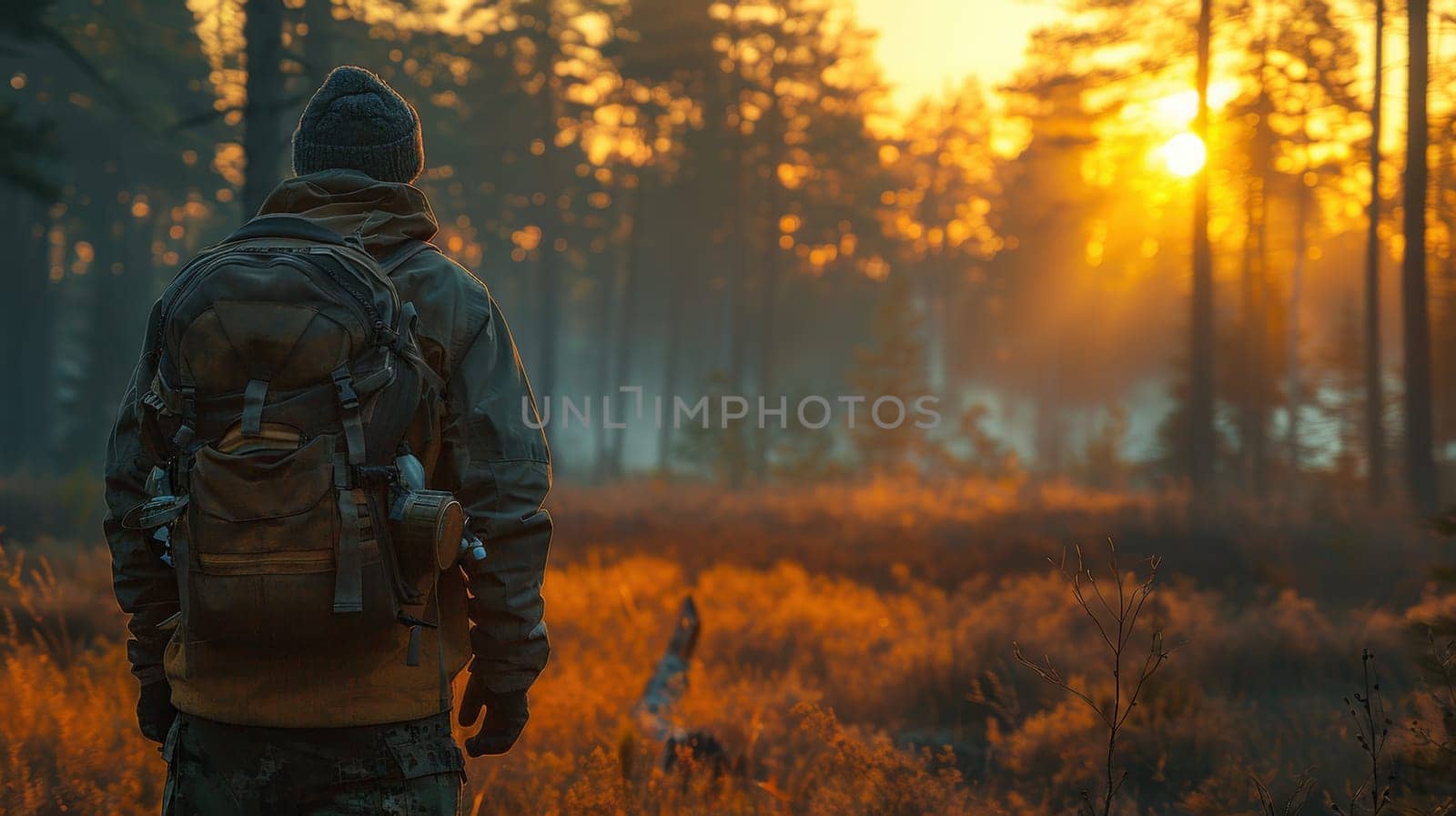 A young traveler with a backpack on a hike. Hiking in the fall forest . Tourist traveler against the background of the forest.