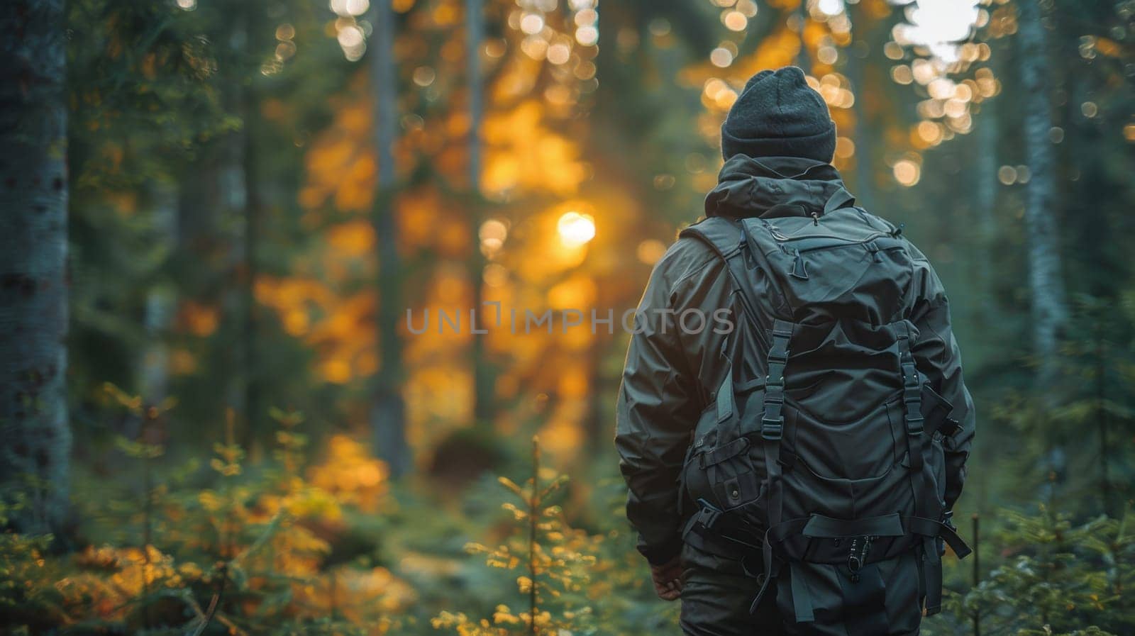 A young traveler with a backpack on a hike. Hiking in the fall forest . Tourist traveler against the background of the forest.