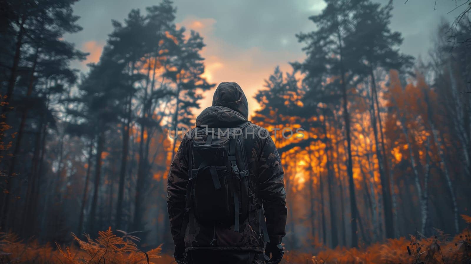 A young traveler with a backpack on a hike. Hiking in the fall forest . Tourist traveler against the background of the forest.