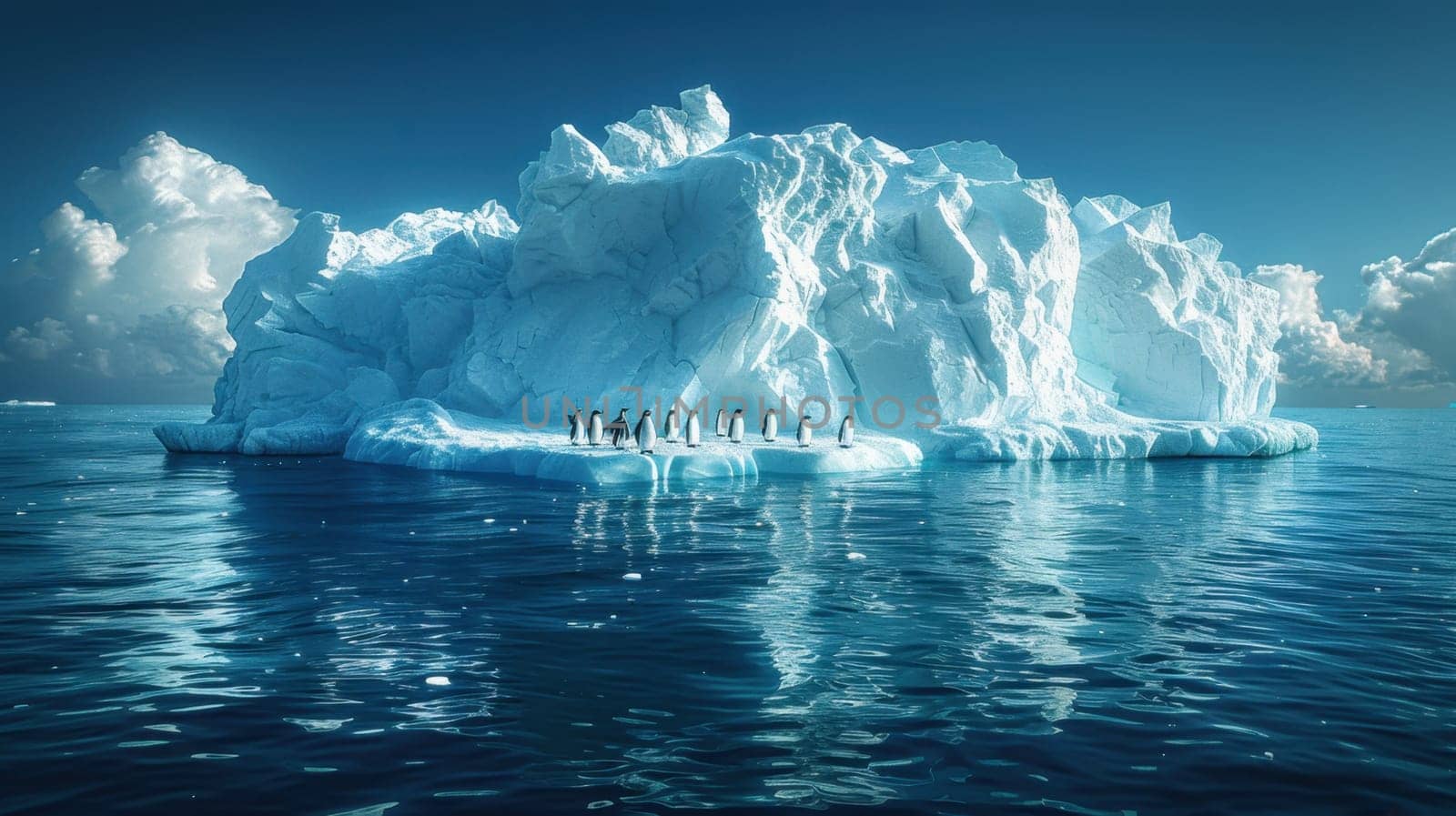 A group of penguins on the ice against a background of icebergs. Many penguins on an ice floe in the ocean.