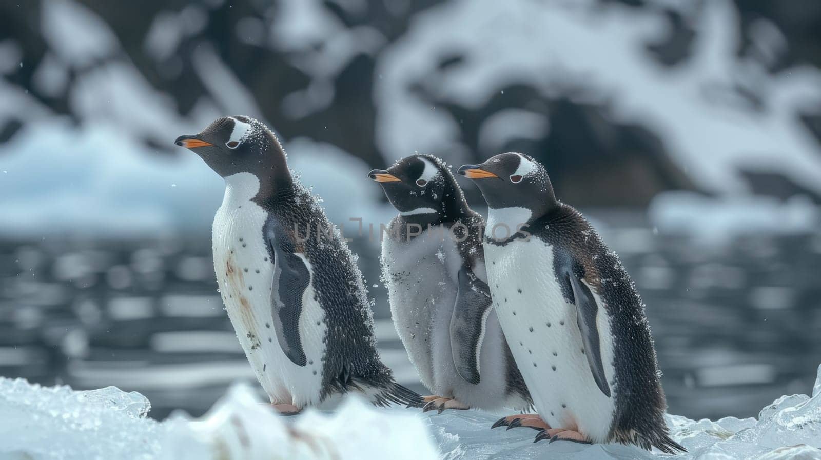A group of penguins on the ice against a background of icebergs. Many penguins on an ice floe in the ocean.