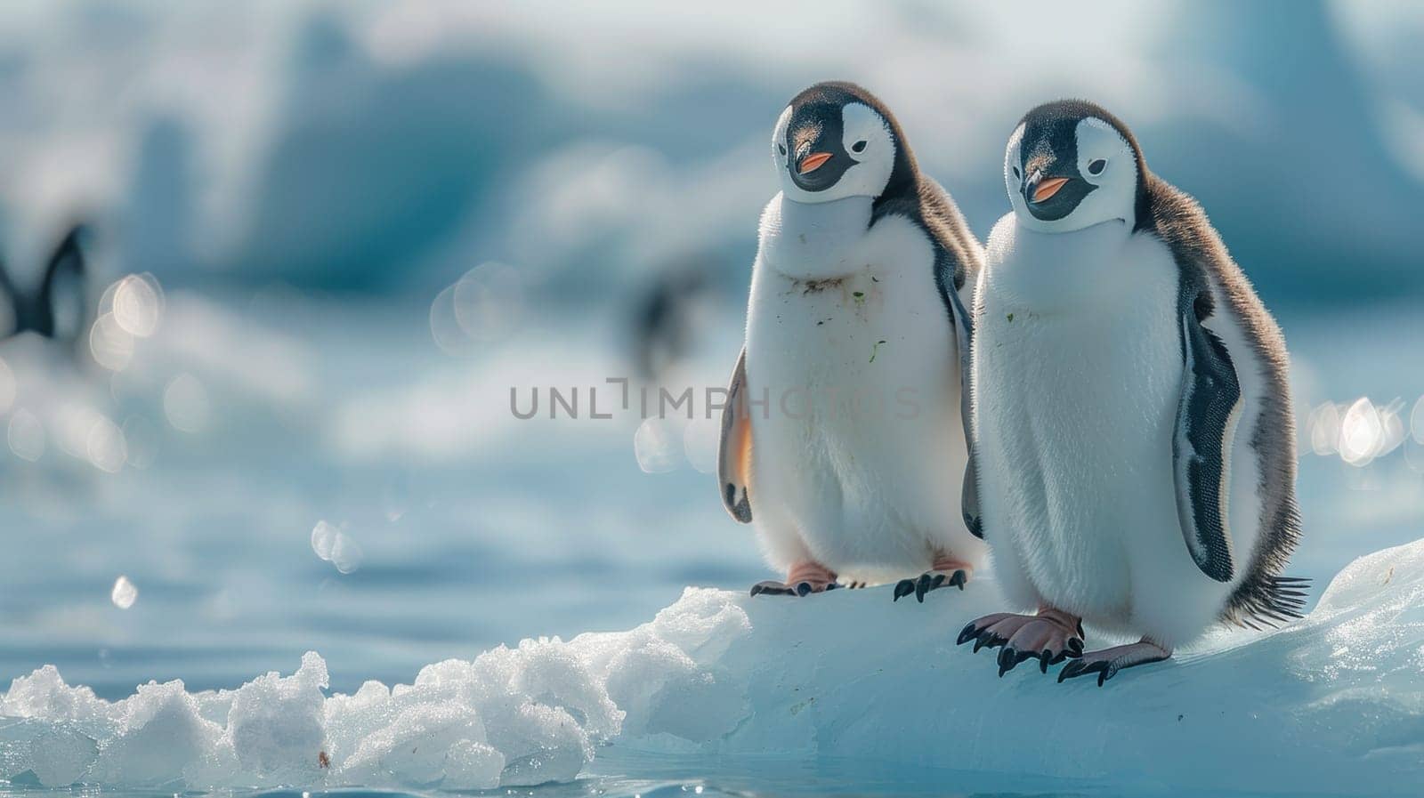 A group of penguins on the ice against a background of icebergs. Many penguins on an ice floe in the ocean.
