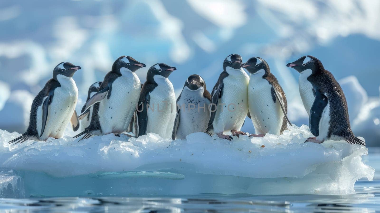 A group of penguins on the ice against a background of icebergs. Many penguins on an ice floe in the ocean.