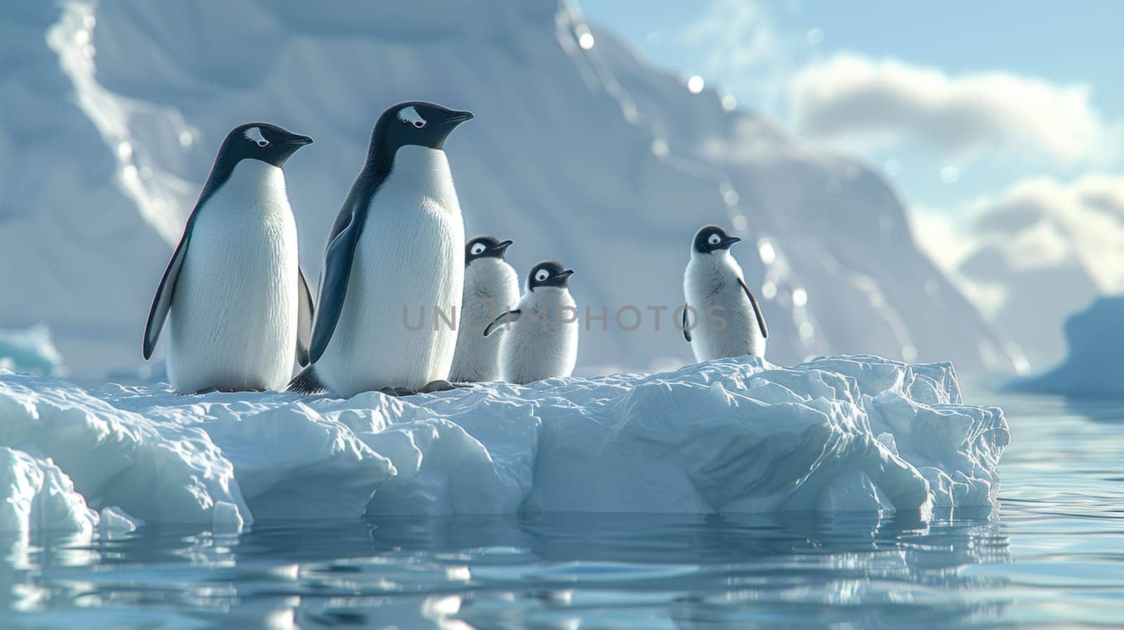 A group of penguins on the ice against a background of icebergs. Many penguins on an ice floe in the ocean.
