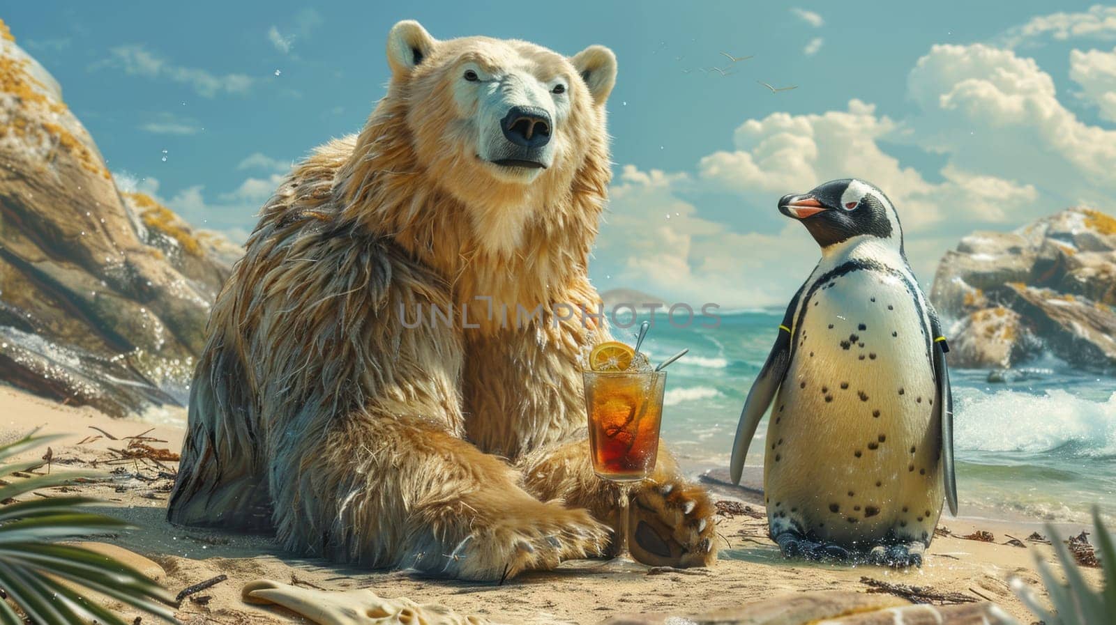 A polar bear and a penguin on a tropical beach with a cocktail. Travel and different concepts.
