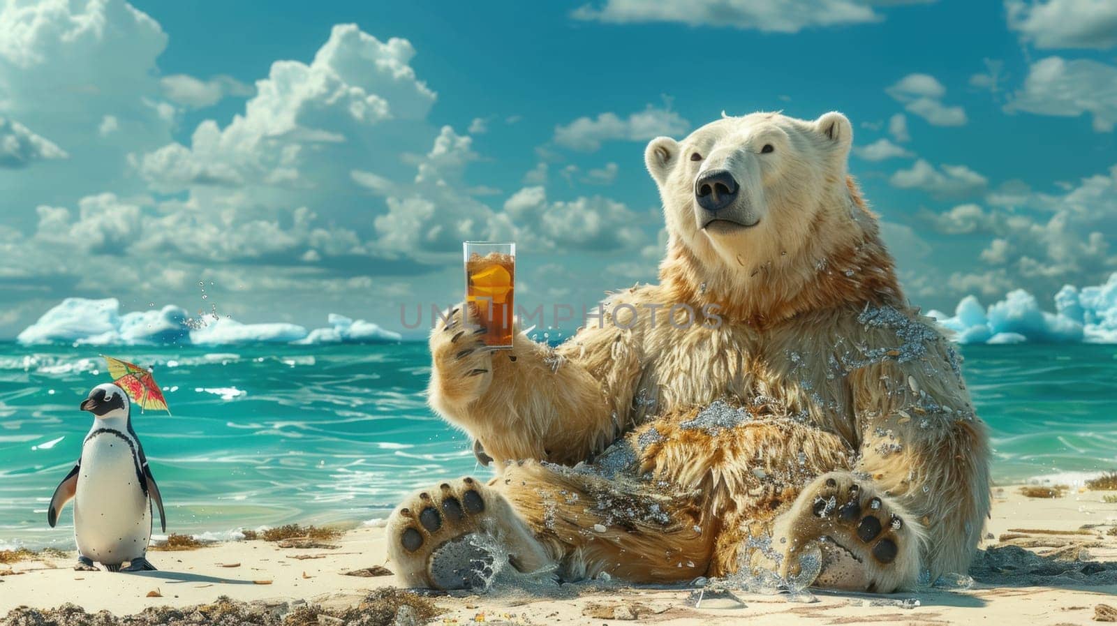 A polar bear and a penguin on a tropical beach with a cocktail. Travel and different concepts.