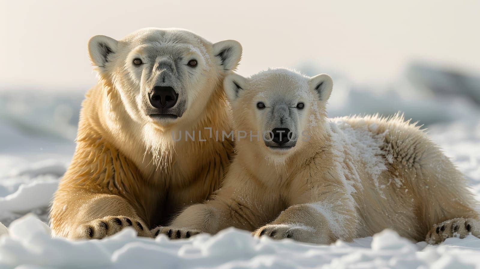 Two polar bears mother and cub walk on an ice floe in Arctic waters.