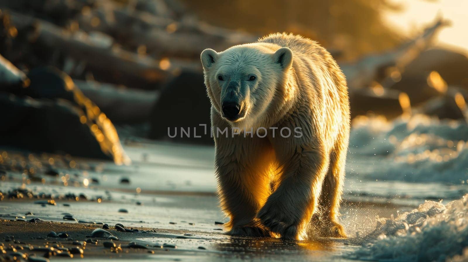 A polar bear walks on the beach along the ocean. A large polar bear on a northern beach.