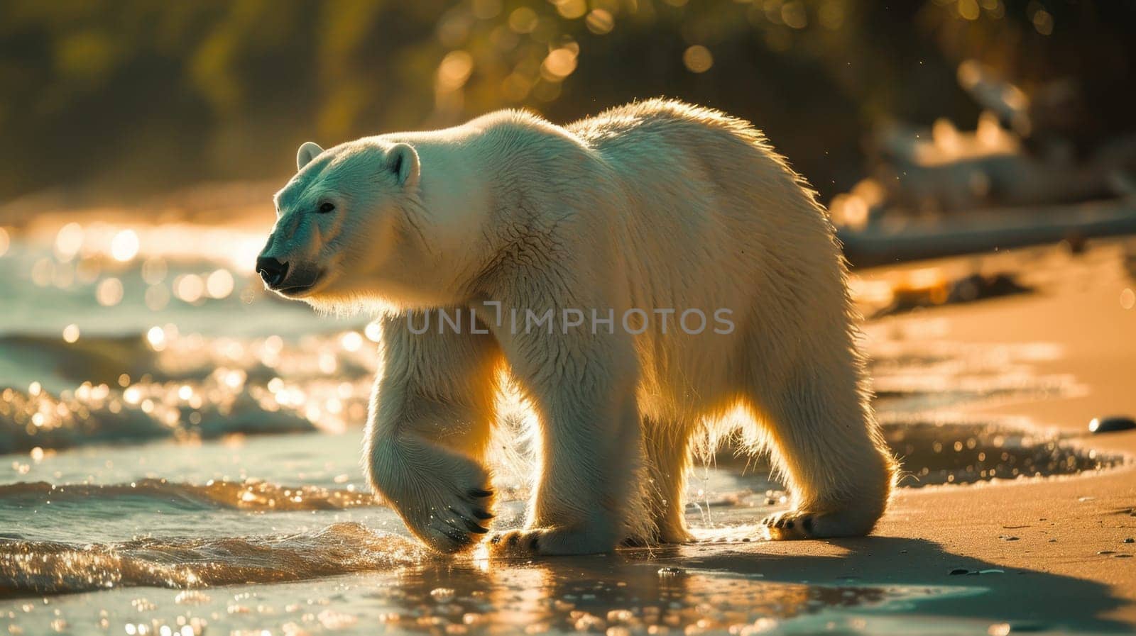 A polar bear walks on the beach along the ocean. A large polar bear on a northern beach.