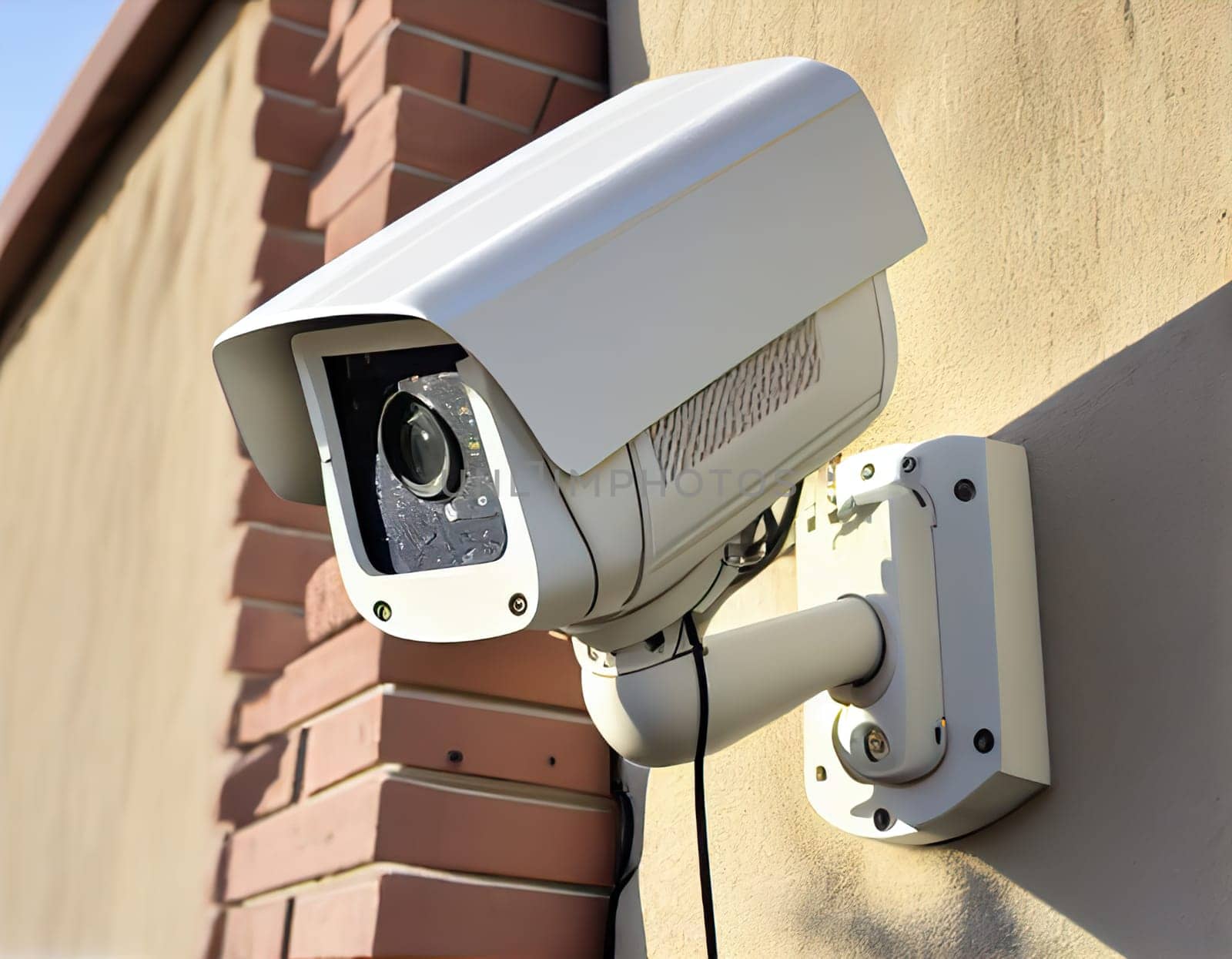 A security camera has been strategically mounted to the side of a building to enhance monitoring and ensure safety in the area