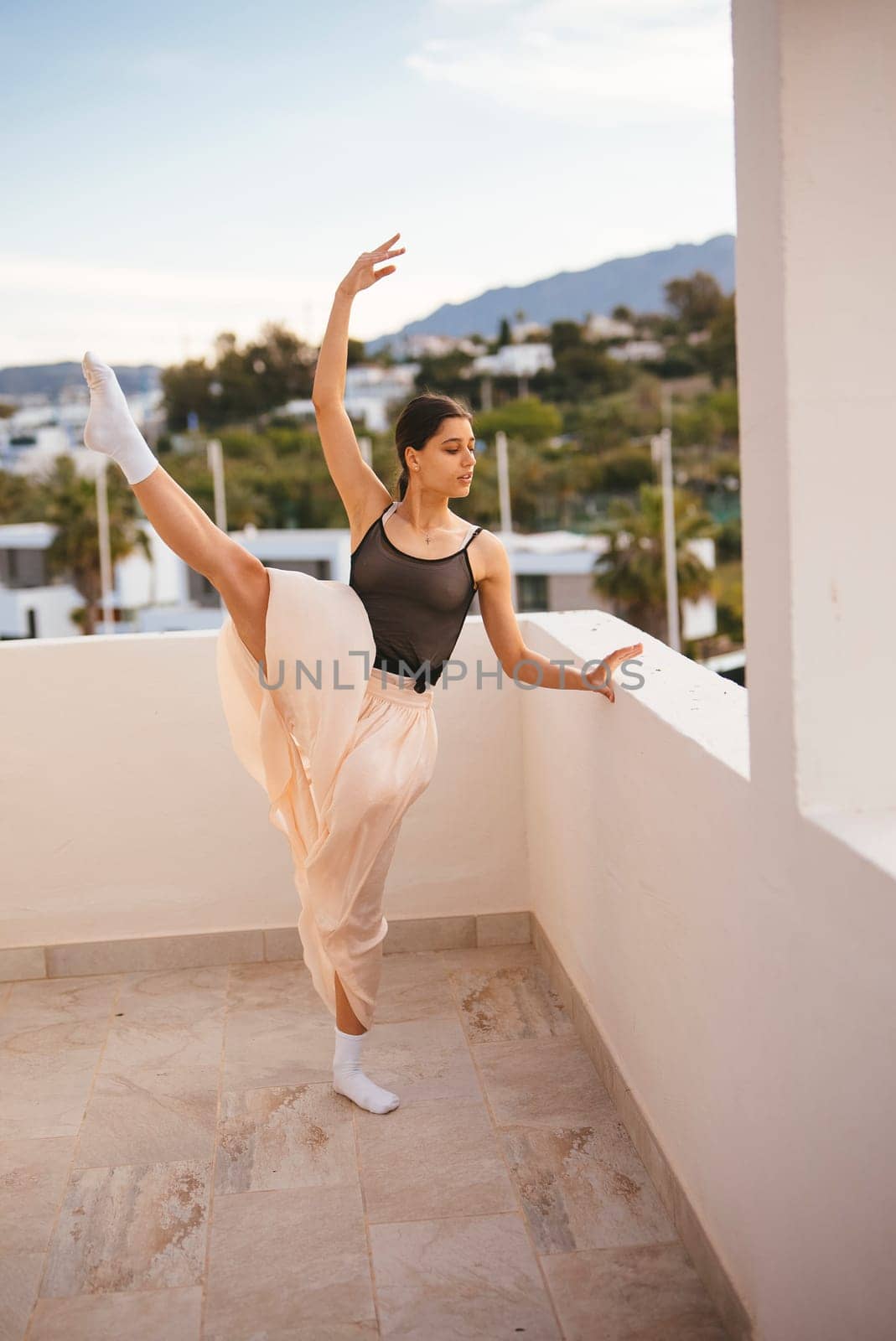A graceful ballet dancer strikes an elegant pose outdoors, framed beautifully by a breathtaking scenic backdrop
