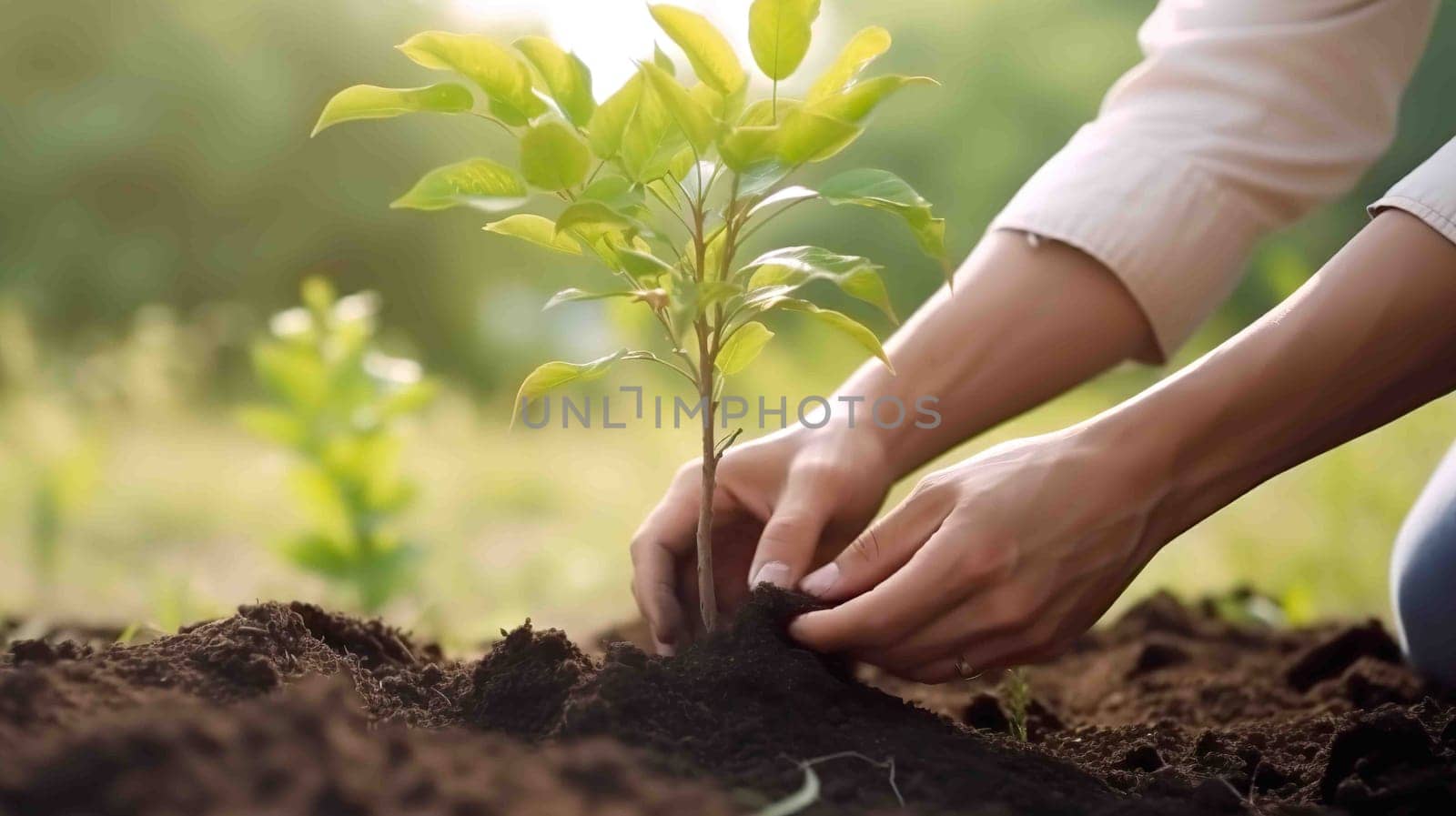 An individual is carefully planting a young tree into the soil, ensuring it is positioned well to grow and thrive in its natural environment