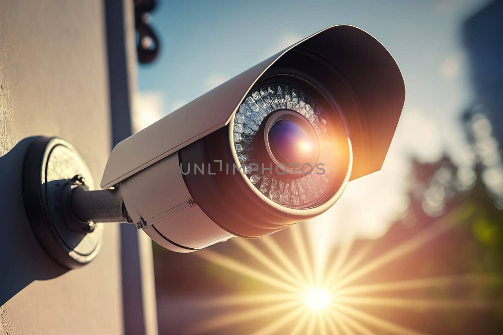 A security camera has been strategically mounted to the side of a building with sun shine to enhance monitoring and ensure safety in the area