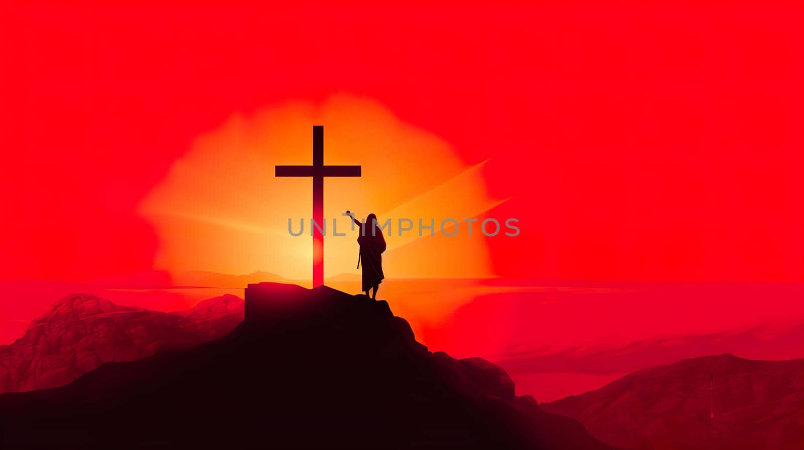 A man is carrying a heavy cross while wearing a painful crown of thorns upon his head, symbolizing a profound struggle and sacrifice
