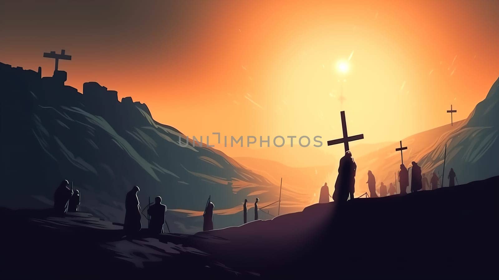A group of diverse individuals are standing together around a tall cross against the beautiful backdrop of a vivid sunset sky