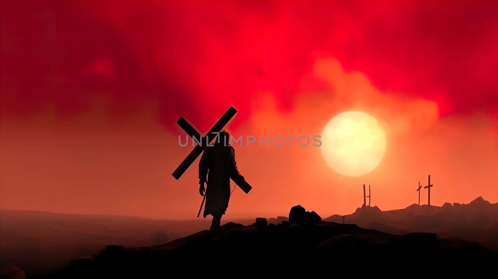 A man is carrying a heavy cross while wearing a painful crown of thorns upon his head, symbolizing a profound struggle and sacrifice