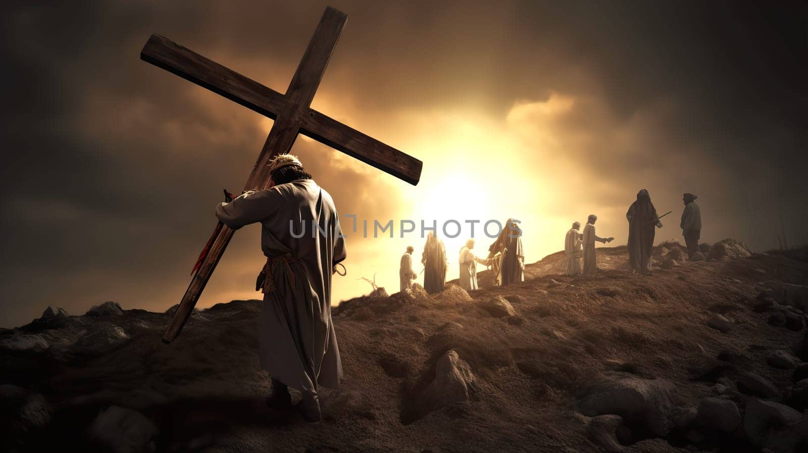 A group of diverse individuals are standing together around a tall cross against the beautiful backdrop of a vivid sunset sky
