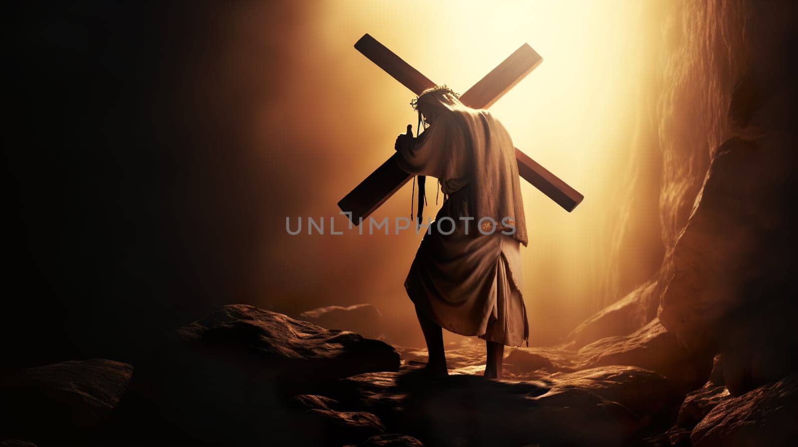 A man is carrying a heavy cross while wearing a painful crown of thorns upon his head, symbolizing a profound struggle and sacrifice