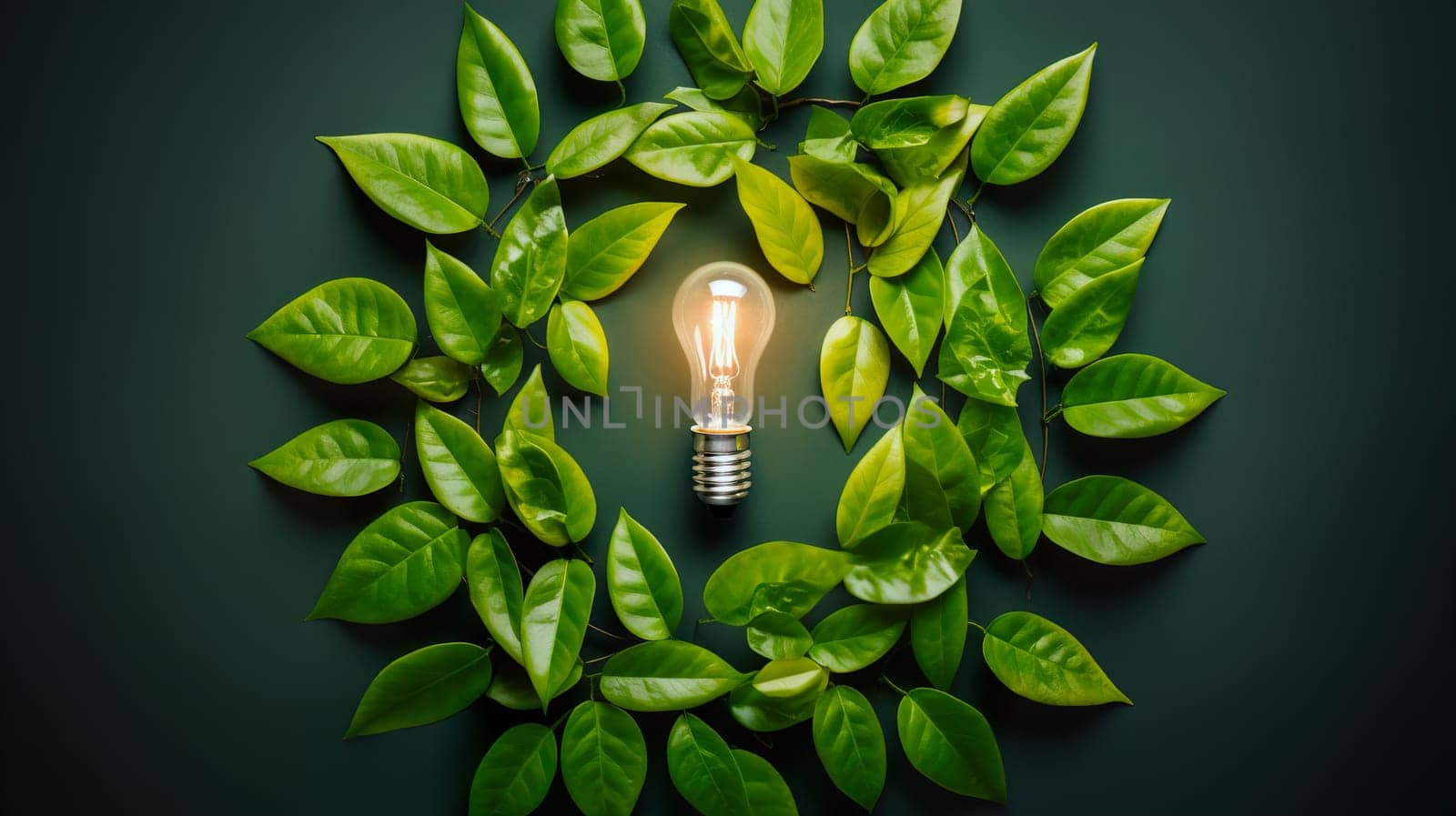 A light bulb is beautifully surrounded by vibrant green leaves set against a dark background, creating an intriguing contrast and ambiance