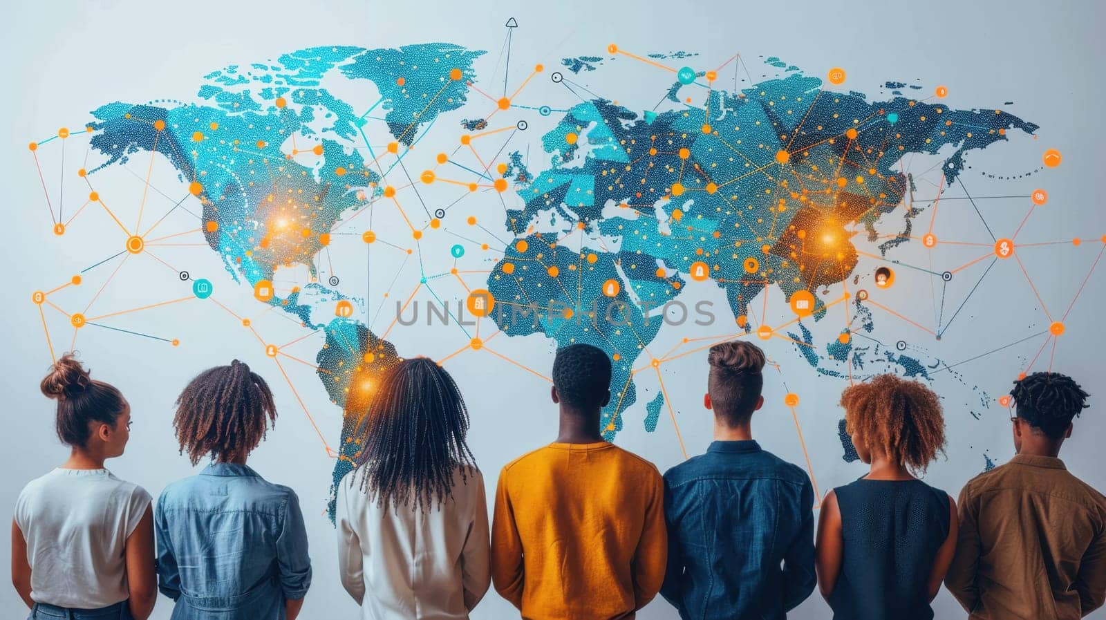 Group of young people on background of world map . Communication, teamwork and the concept of connections.
