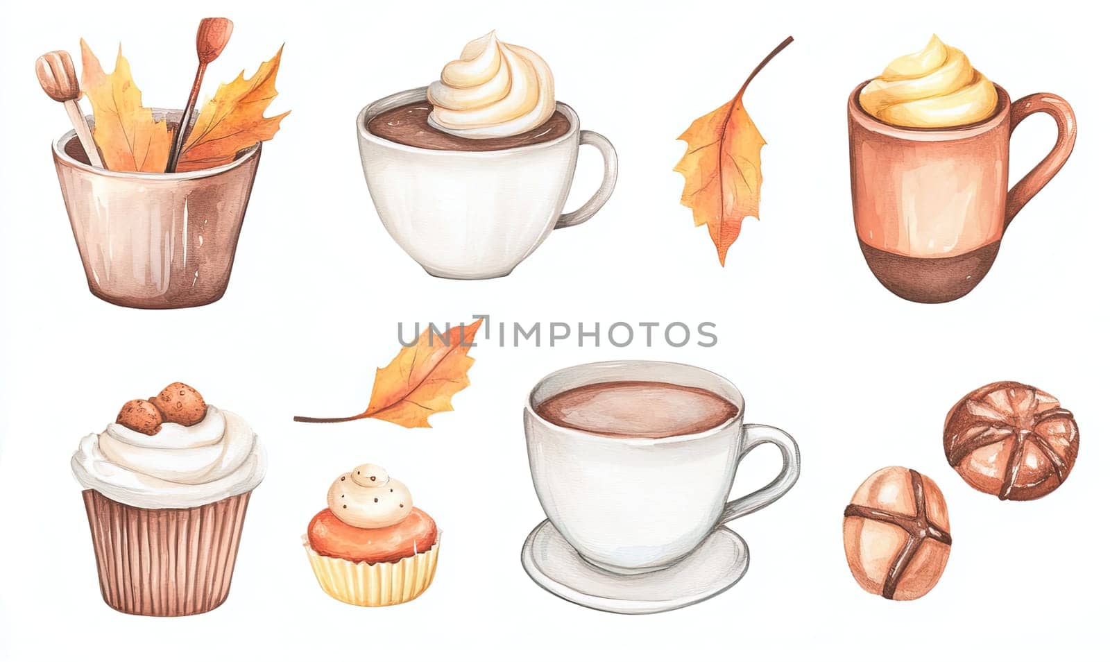 The artwork showcases a collection of autumn-inspired beverages and desserts, including mugs of hot chocolate, cupcakes, and colorful leaves, evoking a cozy fall atmosphere.