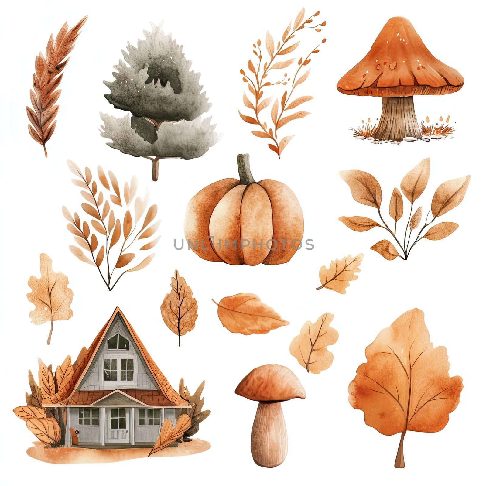 A charming display includes a cozy house surrounded by vivid autumn leaves, pumpkins, and mushrooms in shades of orange, brown, and green, reflecting the beauty of fall.