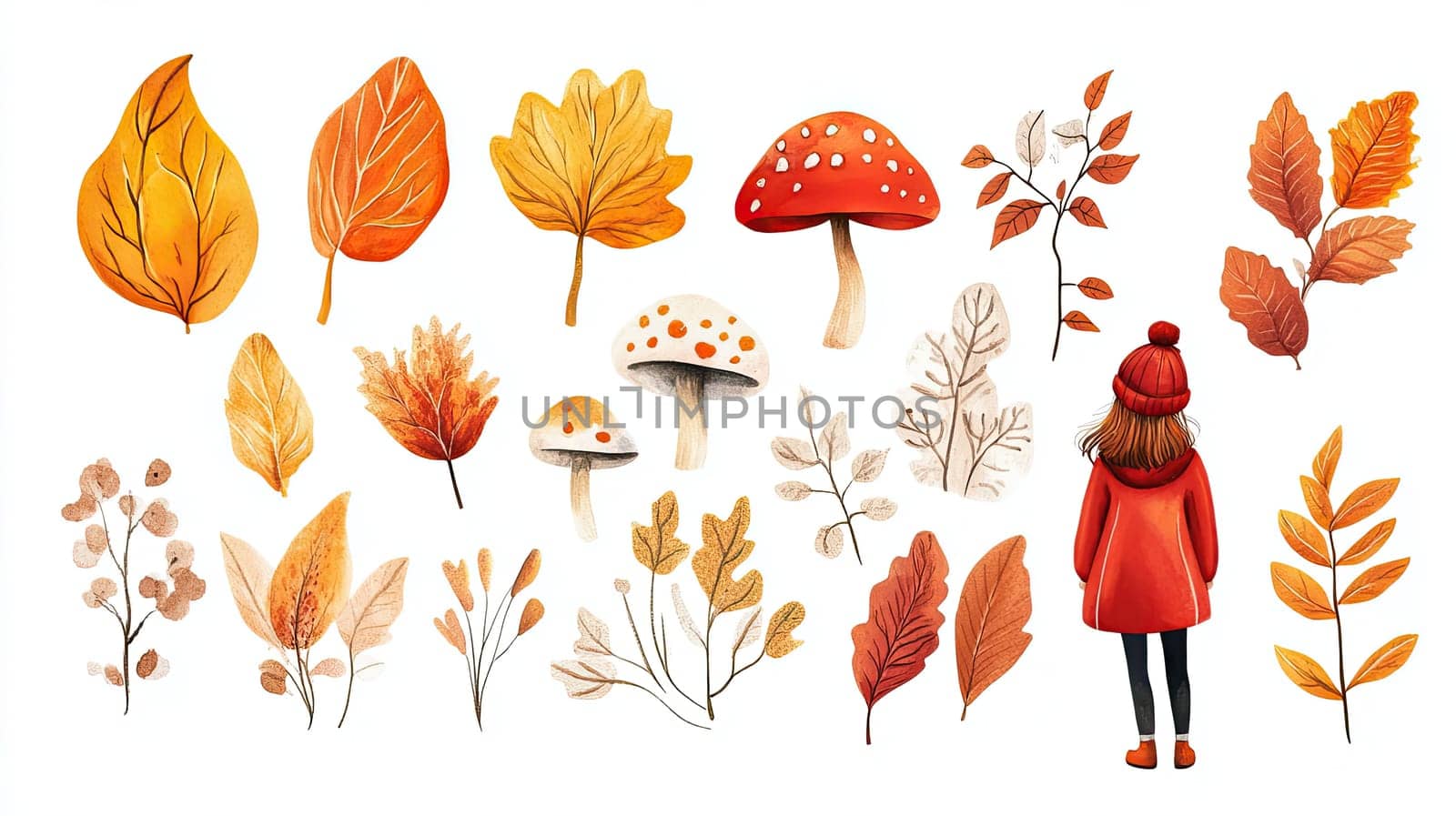 A girl wearing an orange coat stands among colorful autumn leaves and mushrooms, appreciating the beauty of nature during a sunny day in the fall season.
