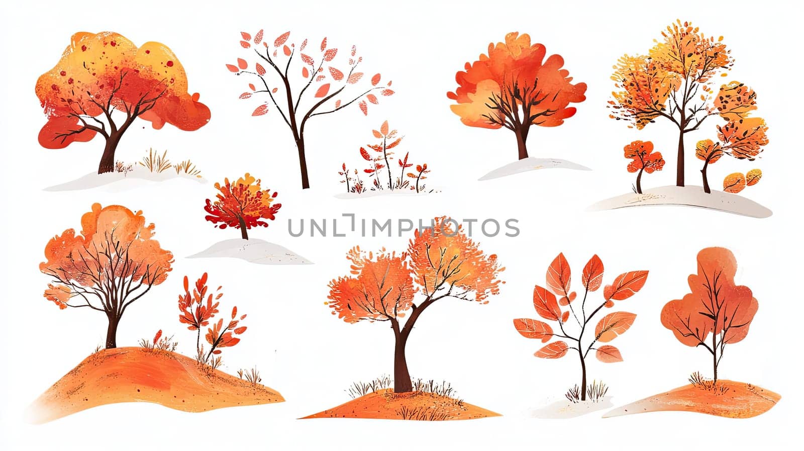 This artwork features an array of autumn trees displaying rich shades of orange and red, set against a soft, natural background representing early fall.