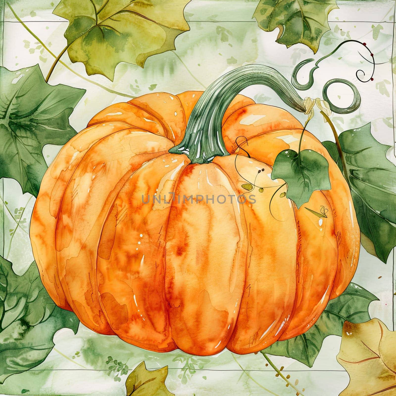 A beautifully rendered watercolor display showcases an orange pumpkin surrounded by lush green vines and delicate leaves, perfect for celebrating the fall season.
