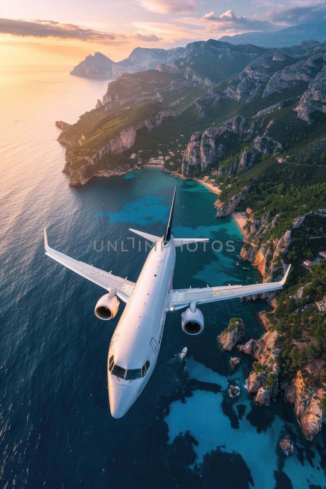 Jet passenger airplane flying over a tropical island. The airliner makes a landing on exotic islands in the warm ocean, vacation travel concept.