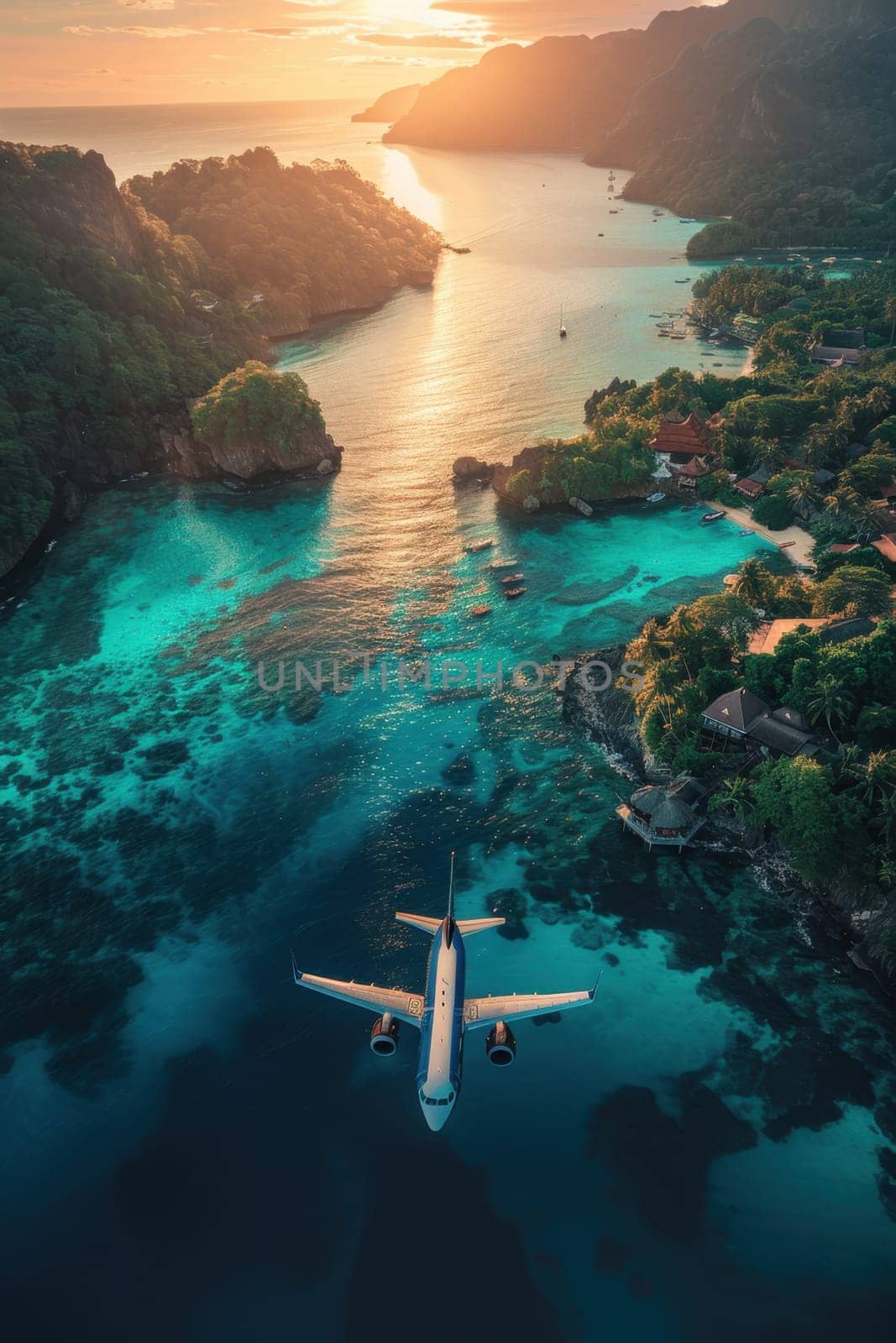 Jet passenger airplane flying over a tropical island. The airliner makes a landing on exotic islands in the warm ocean, vacation travel concept.