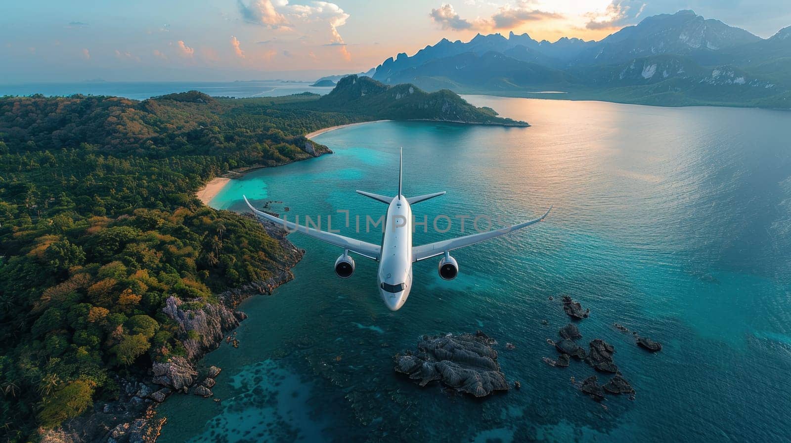 Jet passenger airplane flying over a tropical island. The airliner makes a landing on exotic islands in the warm ocean, vacation travel concept.