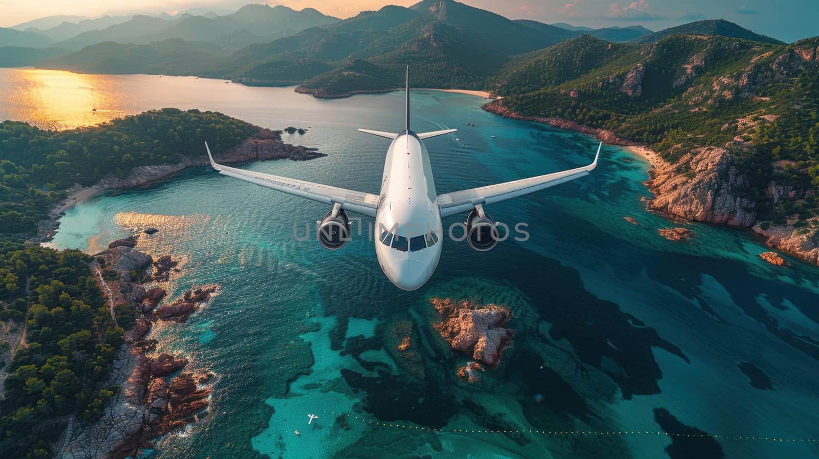 Jet passenger airplane flying over a tropical island. The airliner makes a landing on exotic islands in the warm ocean, vacation travel concept.