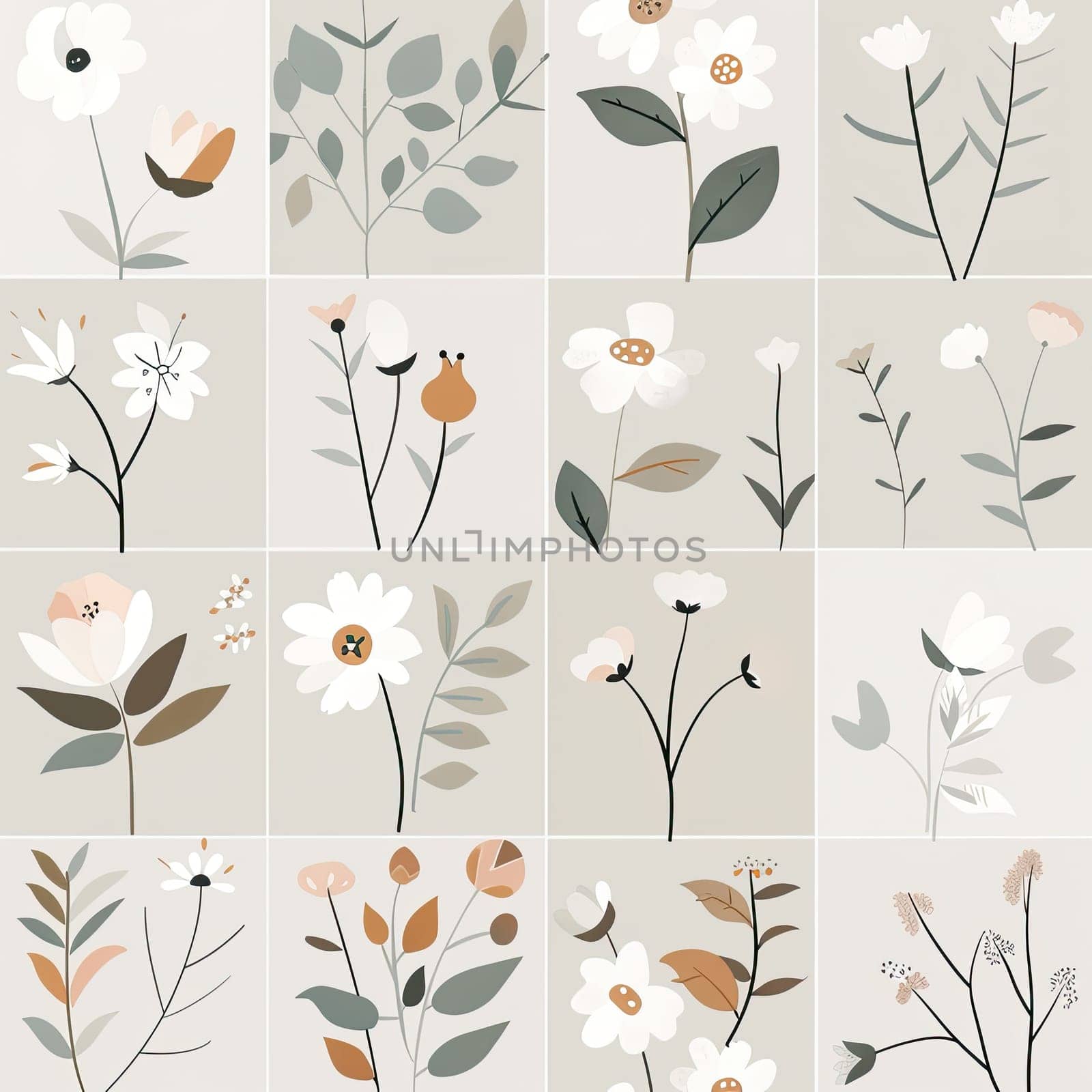 This artwork showcases a beautiful assortment of floral designs, emphasizing a minimalist approach with soft colors. Ideal for home decor or creative projects.