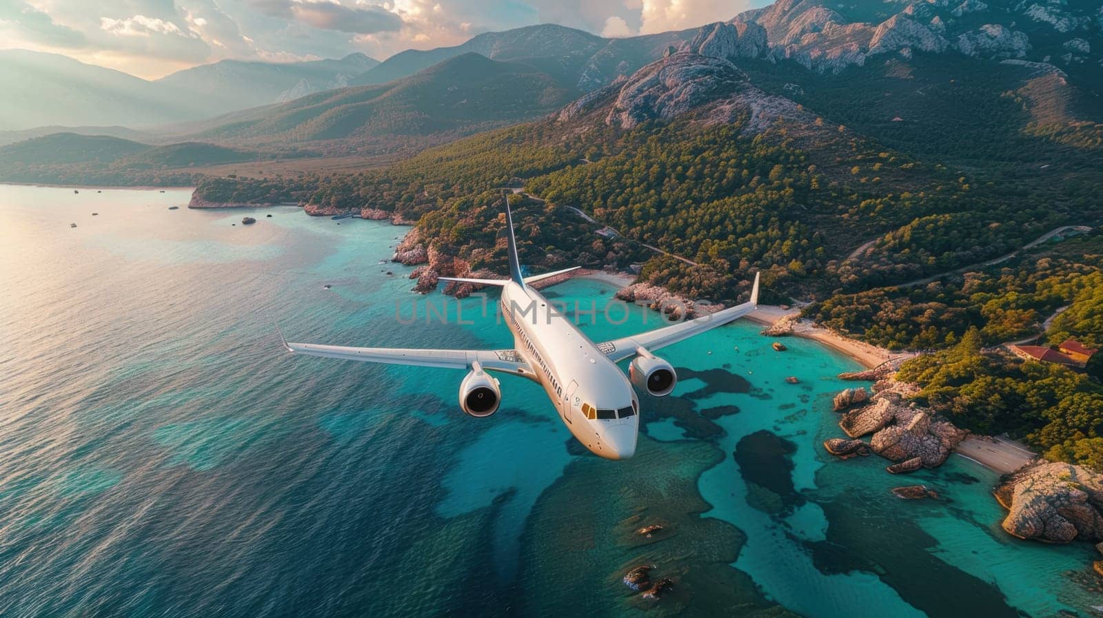 Jet passenger airplane flying over a tropical island. The airliner makes a landing on exotic islands in the warm ocean, vacation travel concept.