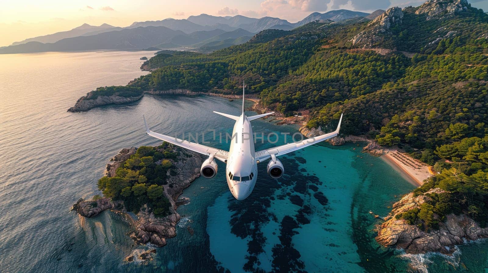 Jet passenger airplane flying over a tropical island. The airliner makes a landing on exotic islands in the warm ocean, vacation travel concept.