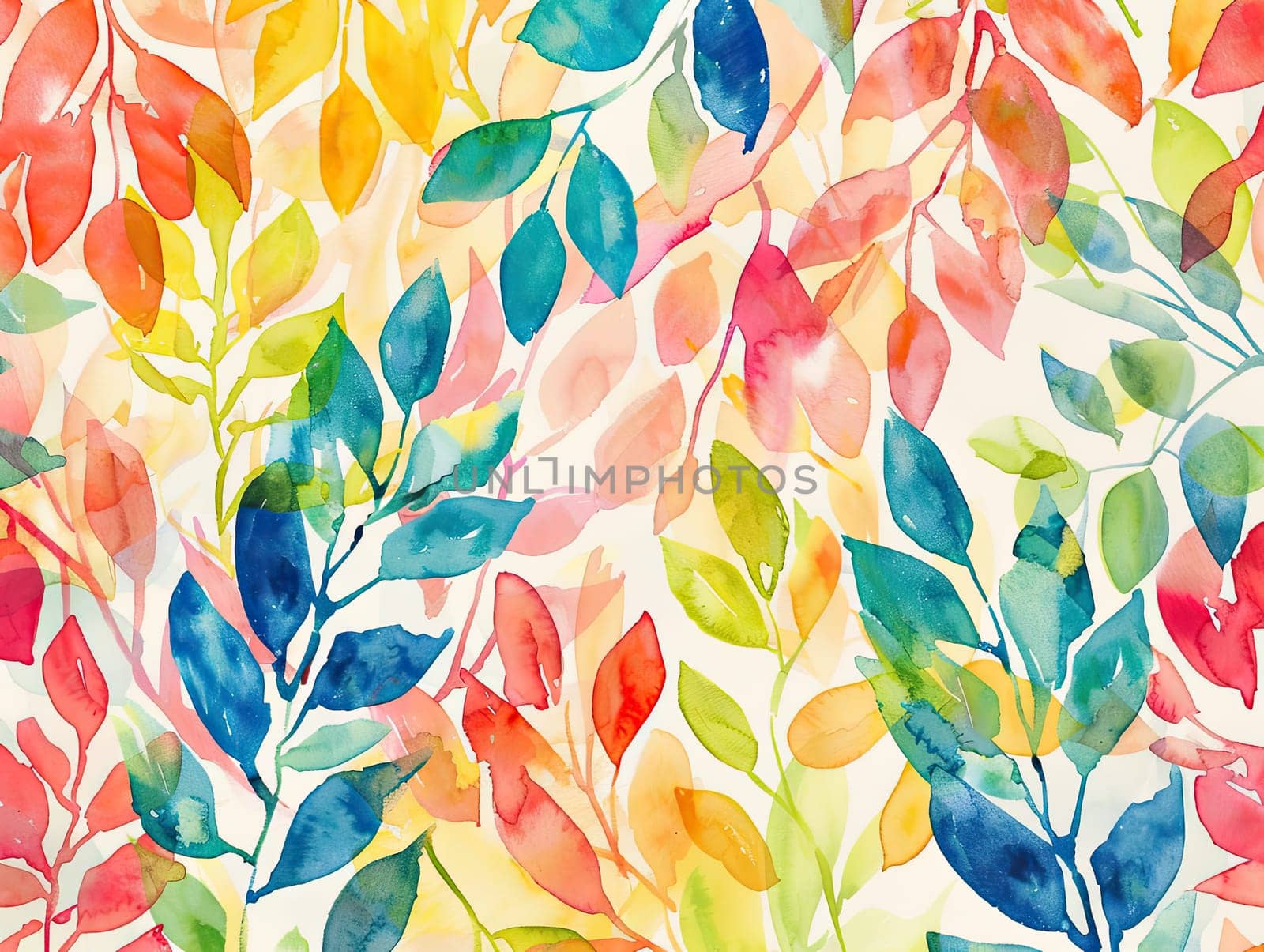 This design features an array of brightly colored leaves in shades of blue, red, and yellow, gracefully layered over a soft, warm backdrop, creating a lively atmosphere.
