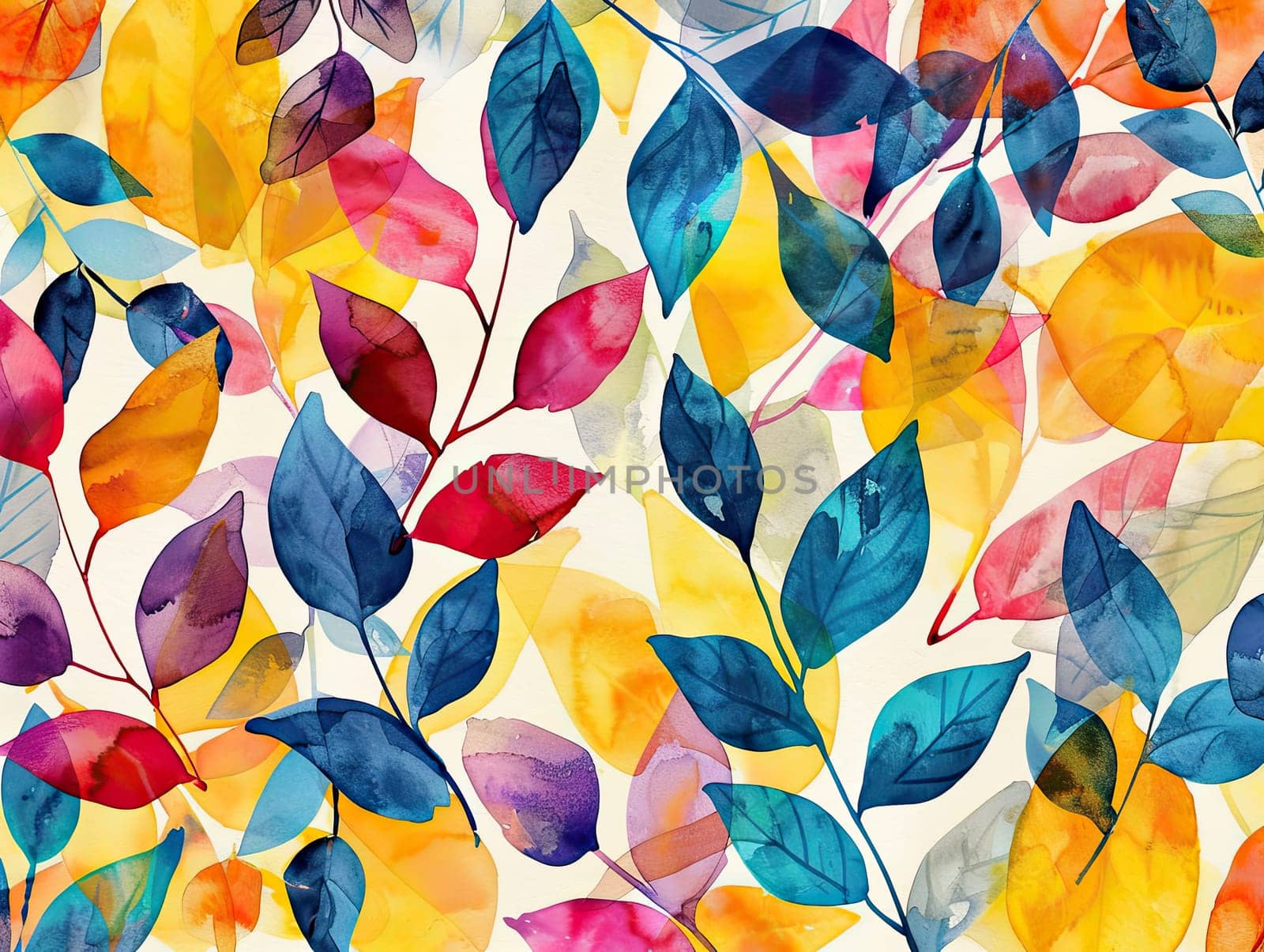 This design features an array of brightly colored leaves in shades of blue, red, and yellow, gracefully layered over a soft, warm backdrop, creating a lively atmosphere.