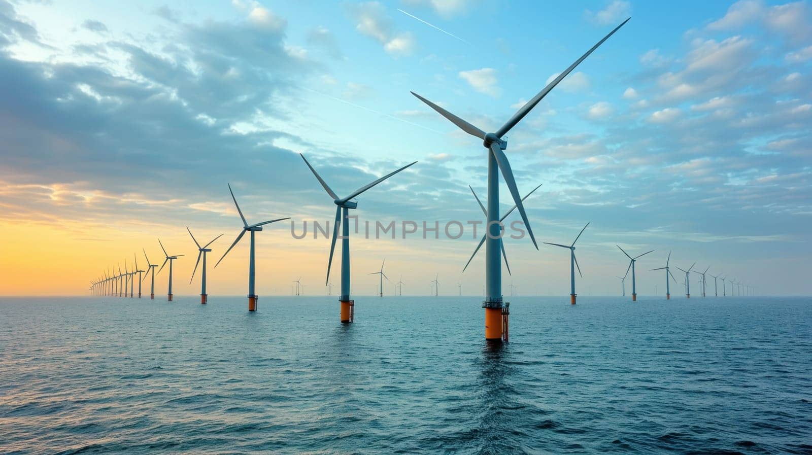 Wind turbines standing in water generate electricity. Wind turbines in the Netherlands.