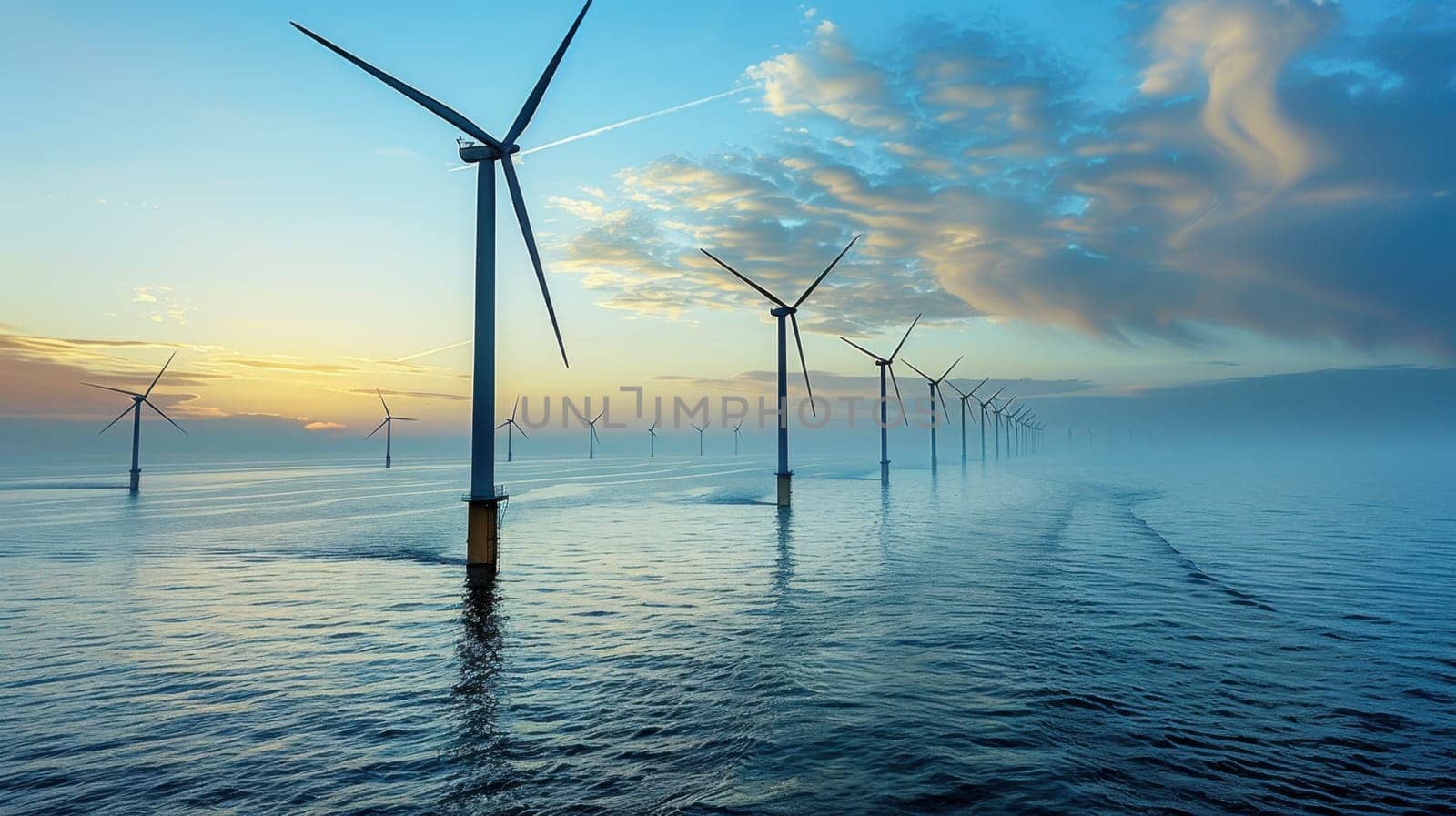 Wind turbines standing in water generate electricity. Wind turbines in the Netherlands.