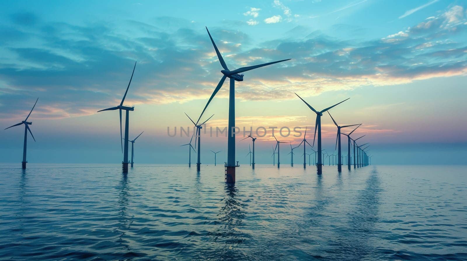 Wind turbines standing in water generate electricity. Wind turbines in the Netherlands.