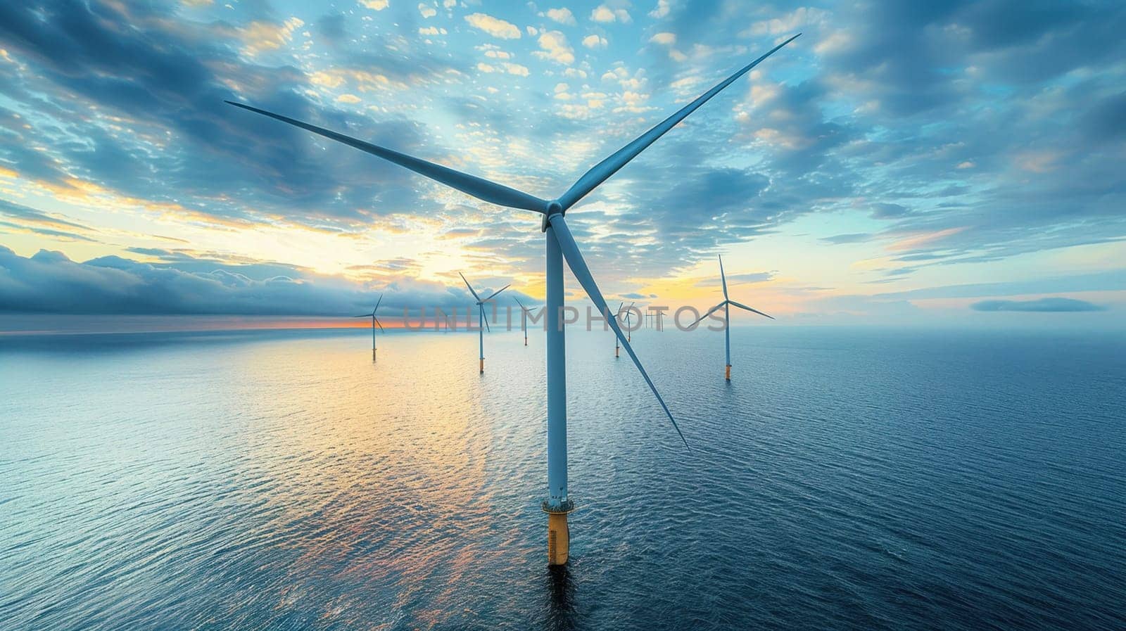 Wind turbines standing in water generate electricity. Wind turbines in the Netherlands.
