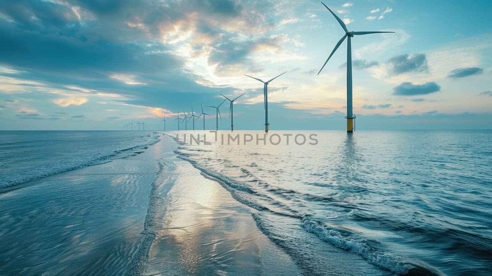 Wind turbines standing in water generate electricity. Wind turbines in the Netherlands.