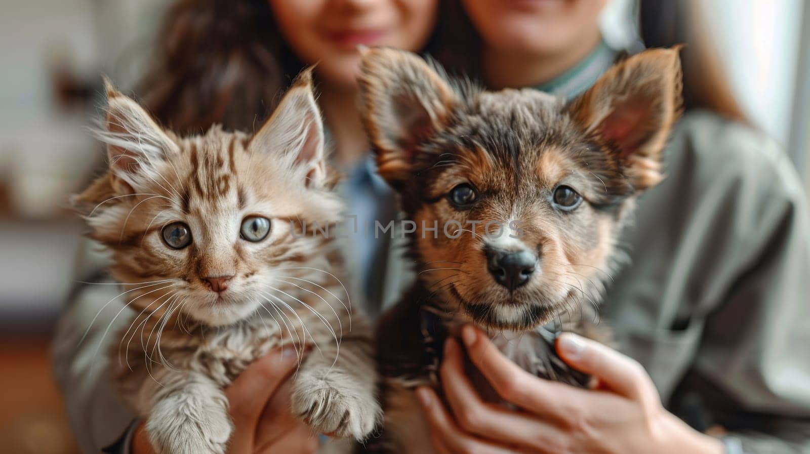 A dog and a cat in the arms of the owner. A friendly pair of pets.