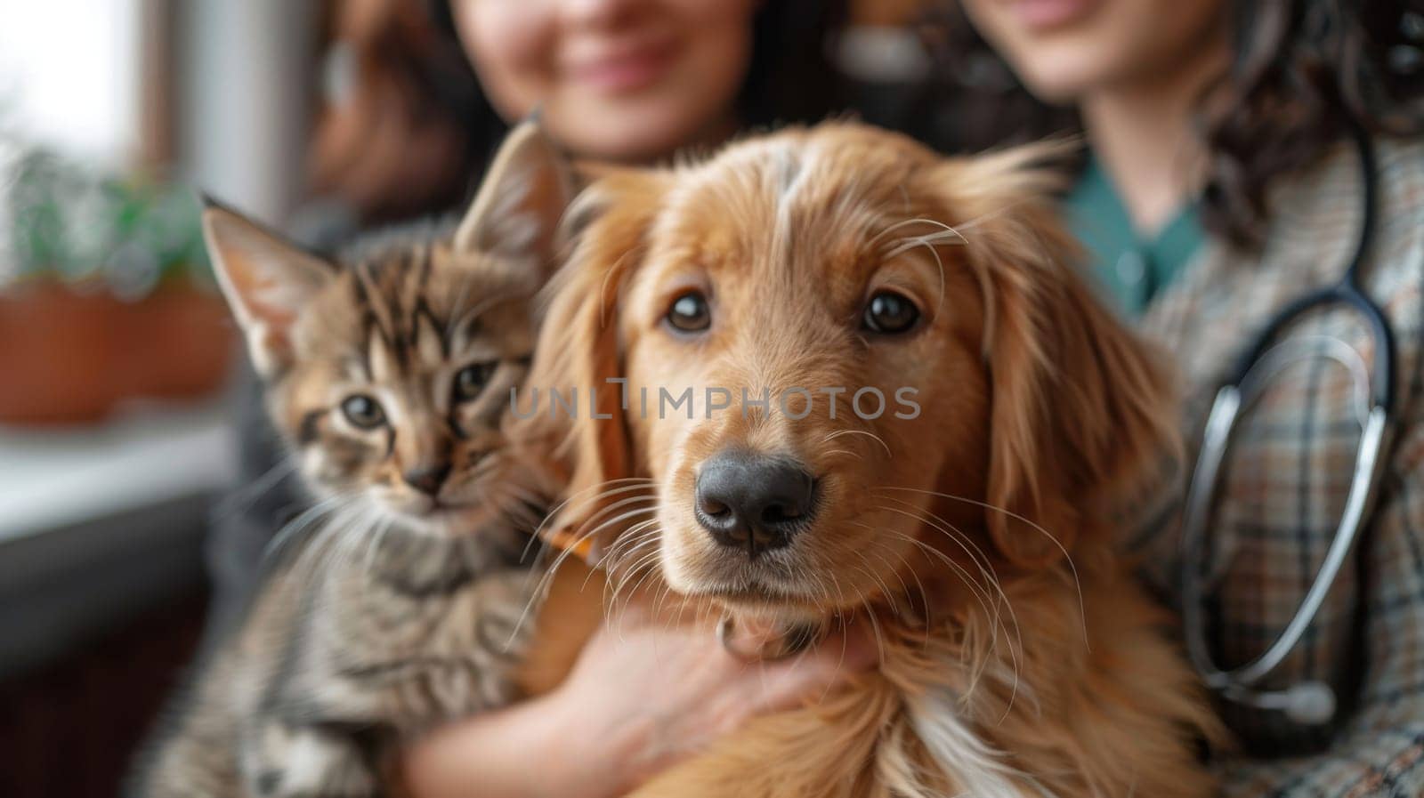 A dog and a cat in the arms of the owner. A friendly pair of pets.