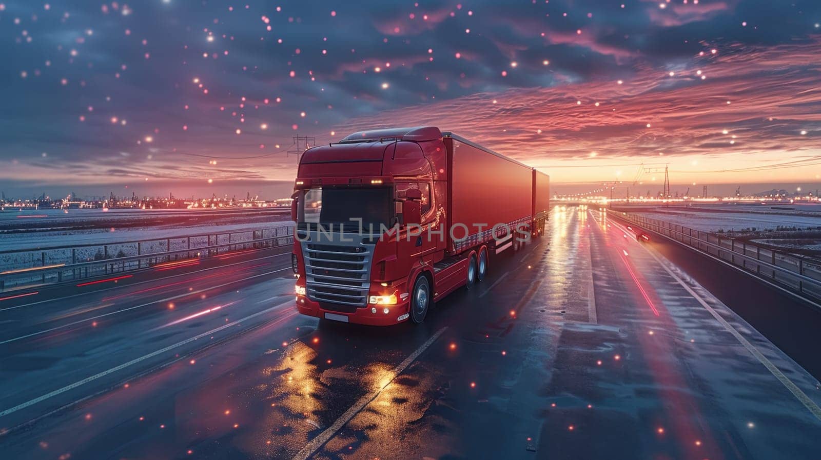 a truck driving down an asphalt road making a delivery. Red Truck driving on the highway.