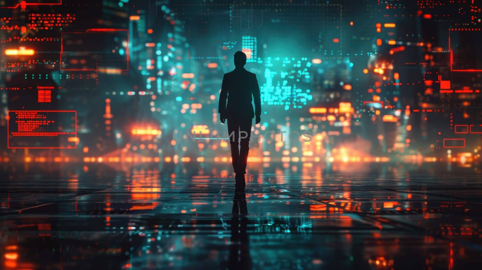a businessman standing against the background of a futuristic digital city. Smart city concept, dreams, development, quality life, digital technologies.