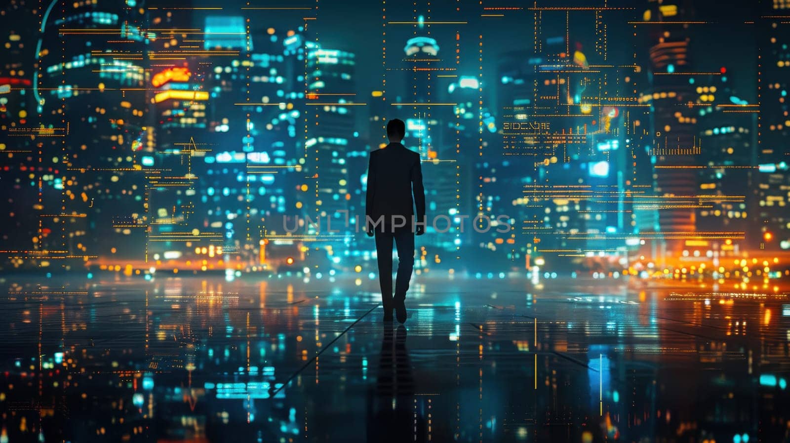 a businessman standing against the background of a futuristic digital city. Smart city concept, dreams, development, quality life, digital technologies.
