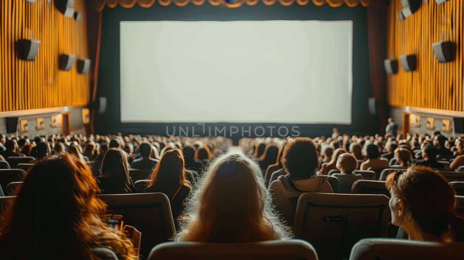 A crowd of spectators in the dark watching a white screen in a movie theater . Spectators watching a movie in a theater.
